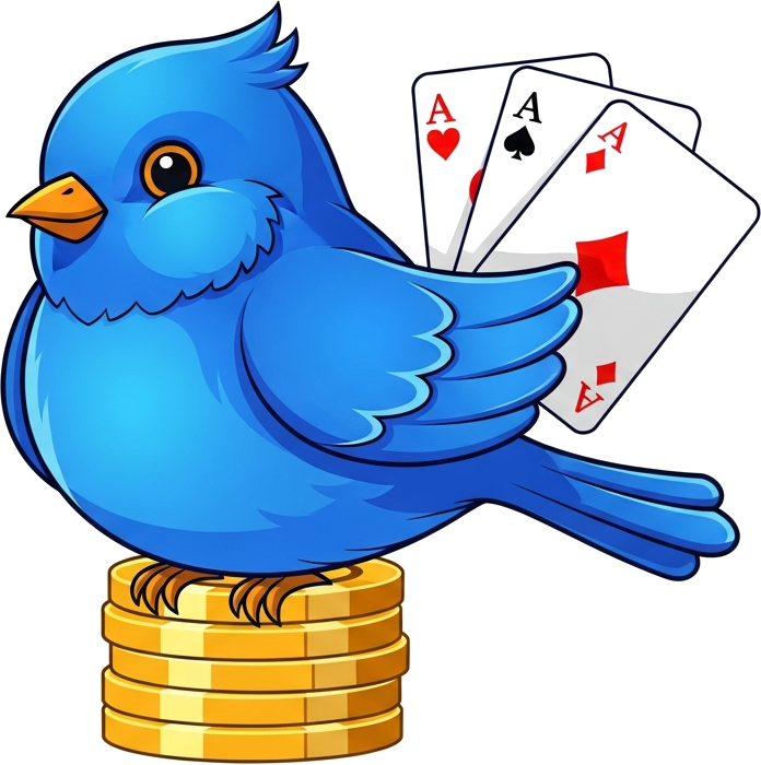 Bluebird holding a fan of aces on a stack of casino chips